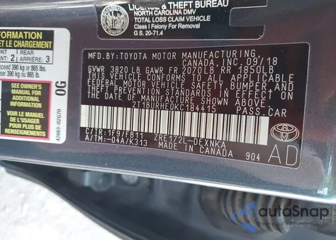 2019 Toyota Corolla L/Le/Xle/Se/Xse from USA, damaged, VIN 2T1BURHE0KC184415